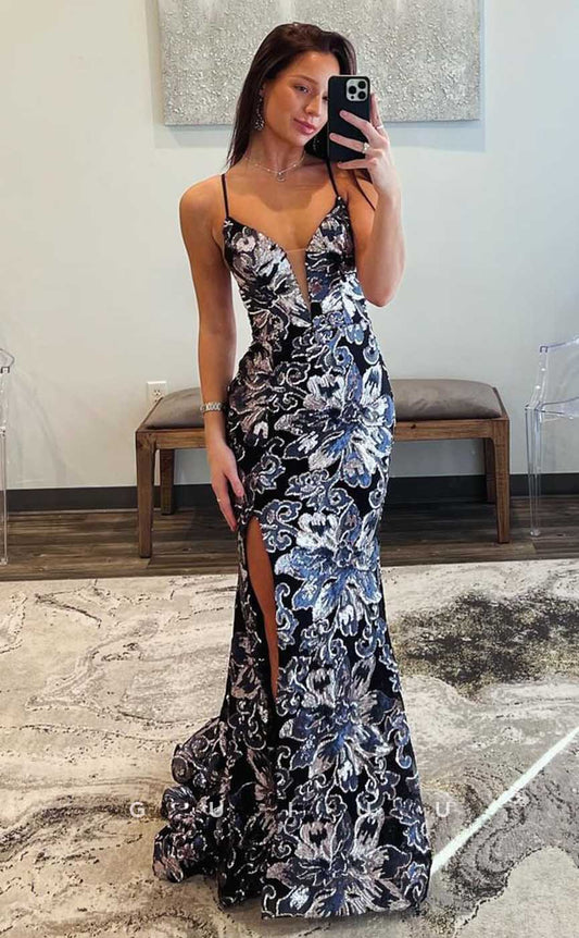 G4470 - Unique & Fashionable Mermaid Column Low V Neck Straps Sleeveless Allover Eyelets Long Sweep Prom Evening Formal Gown with Slit