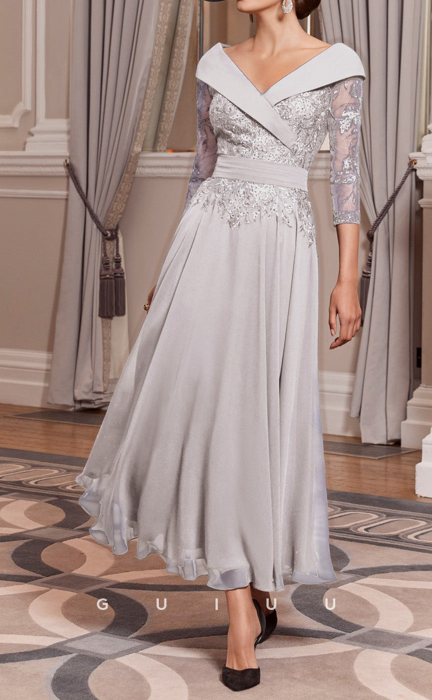 GM150 - A-Line V Neck 34 Length Sleeves Appliques Chiffon Mother of Bride Dress