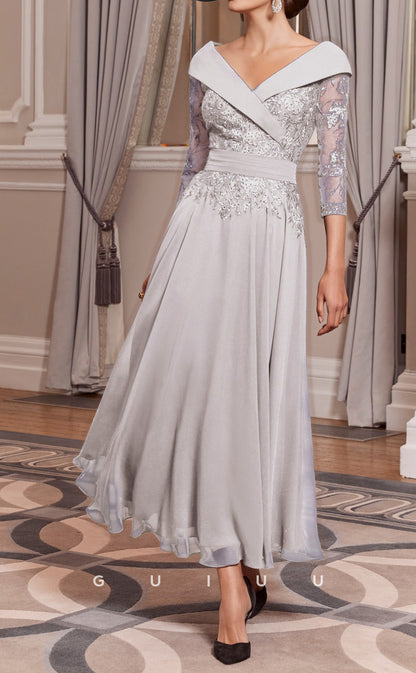 GM150 - A-Line V Neck 34 Length Sleeves Appliques Chiffon Mother of Bride Dress