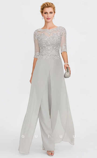 GM020 -  Elegant Pantsuit Scoop Neck Sequines Half Sleeves Ankle Length Chiffon Formal Wedding Guest Mother of the Bride Dress