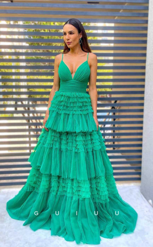 G4418 - Casual & Cute A-Line Low V Neck Spaghetti Straps Tulle Tiered Long Sweep Prom Party Dress