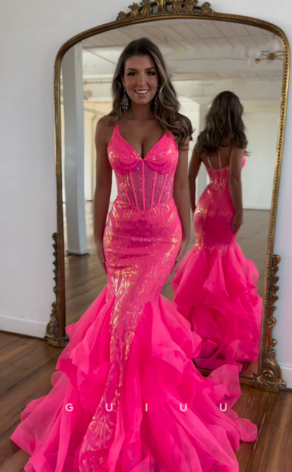 G4405 - Chic & Sexy Mermaid V Neck Straps Sequins Open Back Long Sweep Prom Party Dress