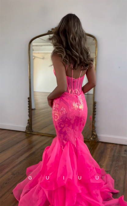 G4405 - Chic & Sexy Mermaid V Neck Straps Sequins Open Back Long Sweep Prom Party Dress