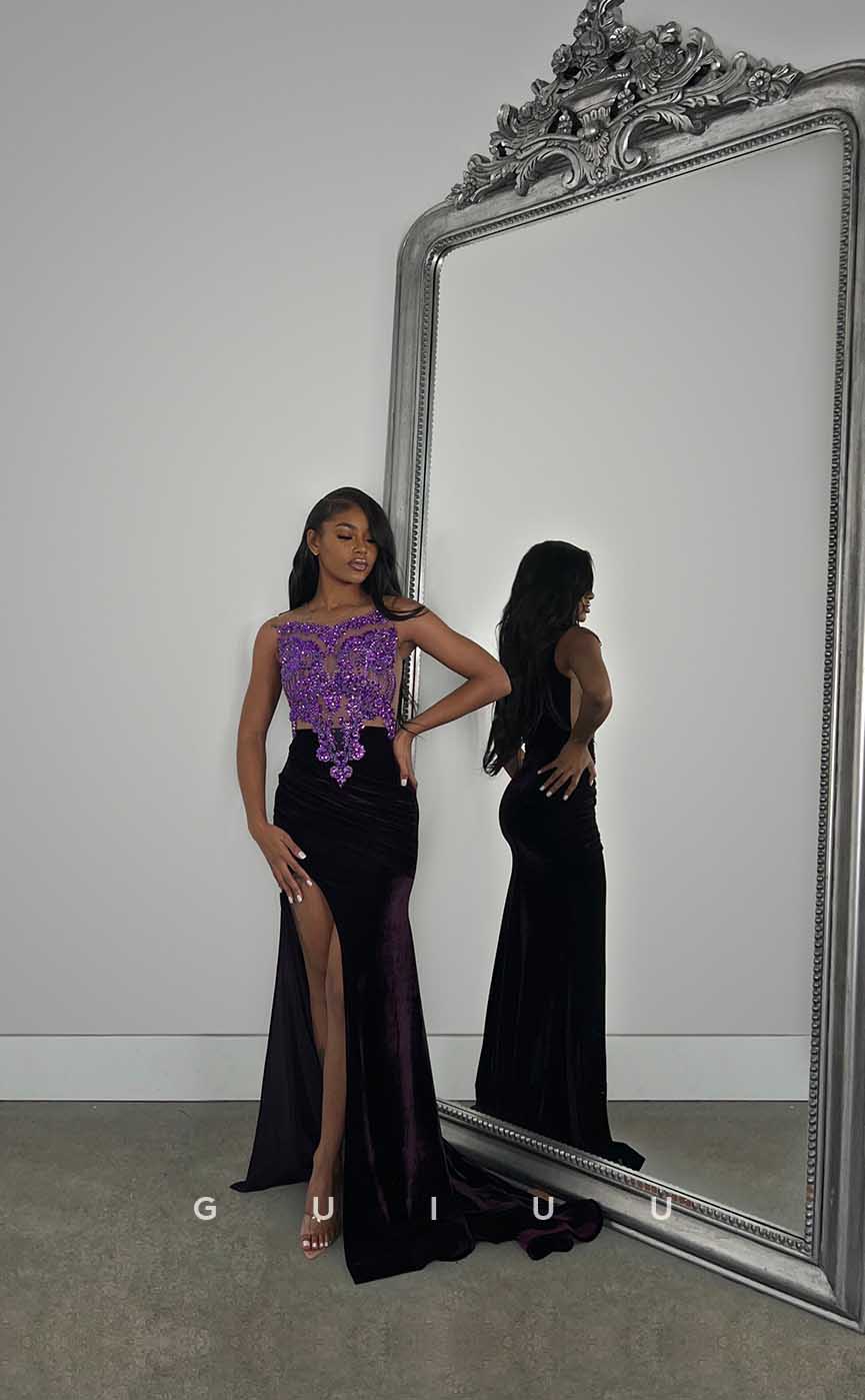 G4426 - Classic Column Sleeveless Velvet Appliques Prom Evening Dress with Slit ang Train for Black Girl Slay