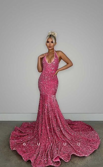 G4424 - Classic & Modern Mermaid Halter  Beaded Open Back Prom Party Dress with Train for Black Girl Slay