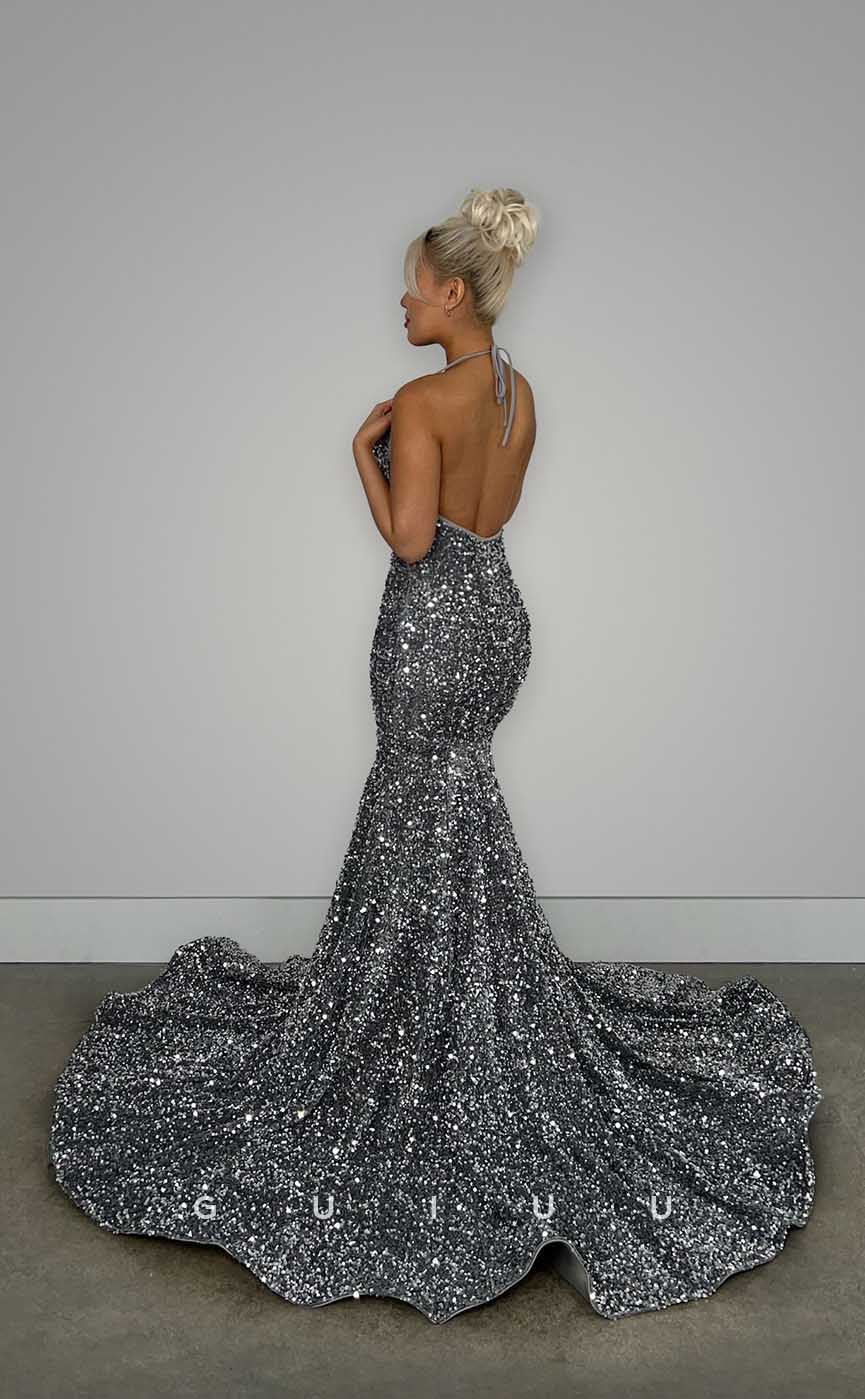 G4424 - Classic & Modern Mermaid Halter  Beaded Open Back Prom Party Dress with Train for Black Girl Slay