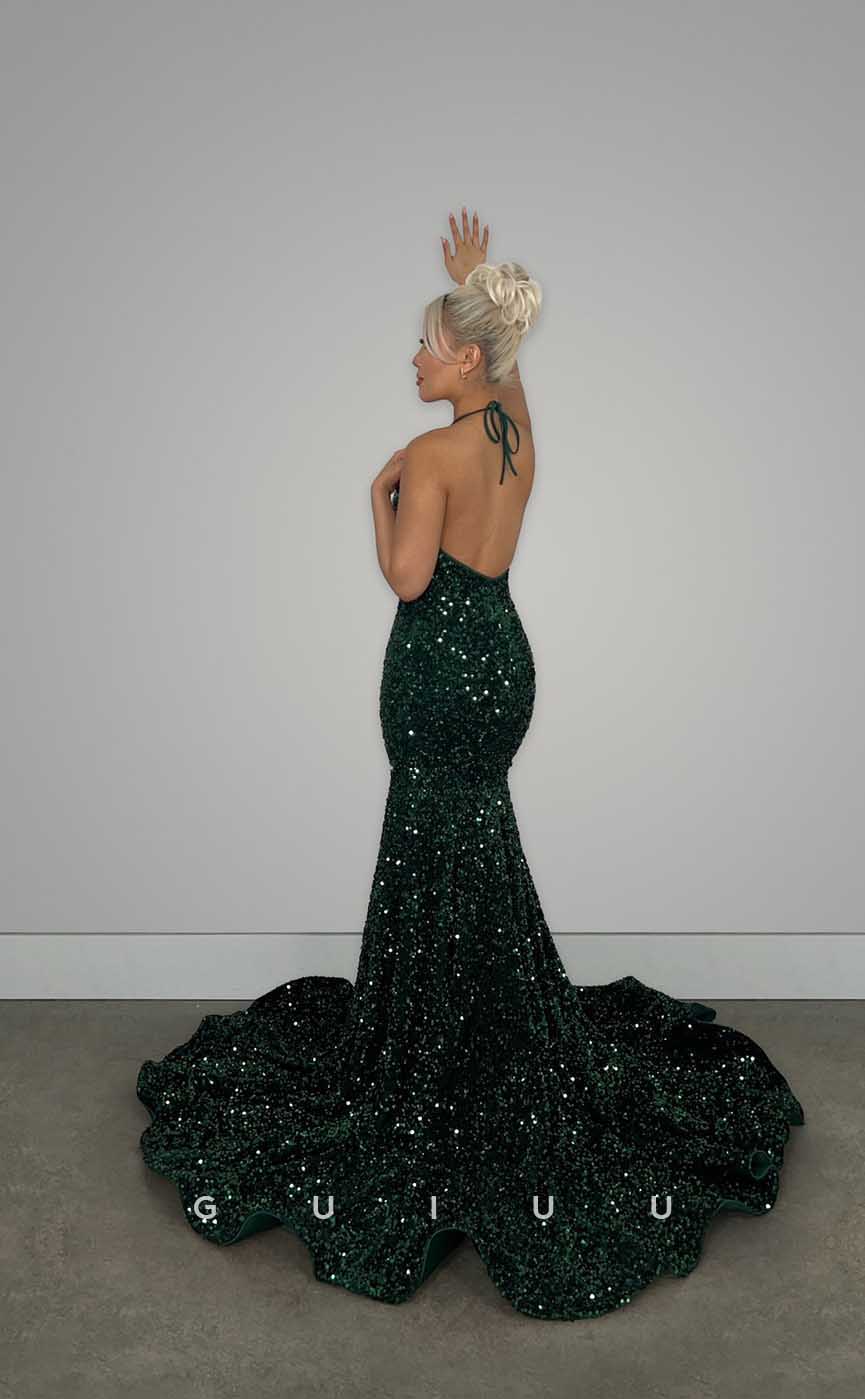 G4424 - Classic & Modern Mermaid Halter  Beaded Open Back Prom Party Dress with Train for Black Girl Slay