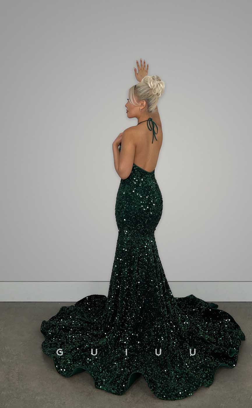 G4424 - Classic & Modern Mermaid Halter  Beaded Open Back Prom Party Dress with Train for Black Girl Slay