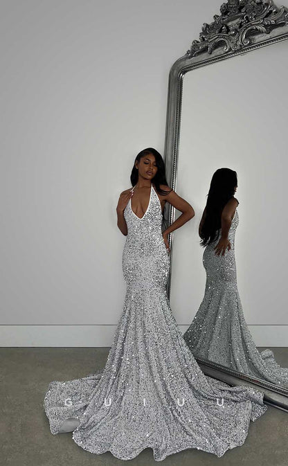 G4424 - Classic & Modern Mermaid Halter  Beaded Open Back Prom Party Dress with Train for Black Girl Slay