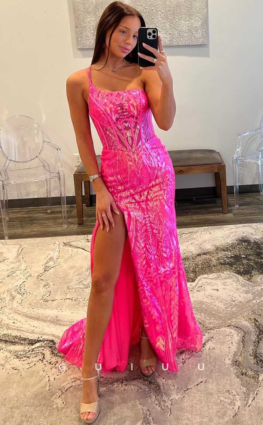 G4391 - Sexy & Hot Column Pink Sweep Illusion Pleats Lace Up Form Party Dress with High Slit