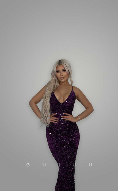 G4427 - Glamorous Mermaid V Neck Spaghetti Straps Fully Sequined Open Back Long Prom Party Dress for Black Women Slay