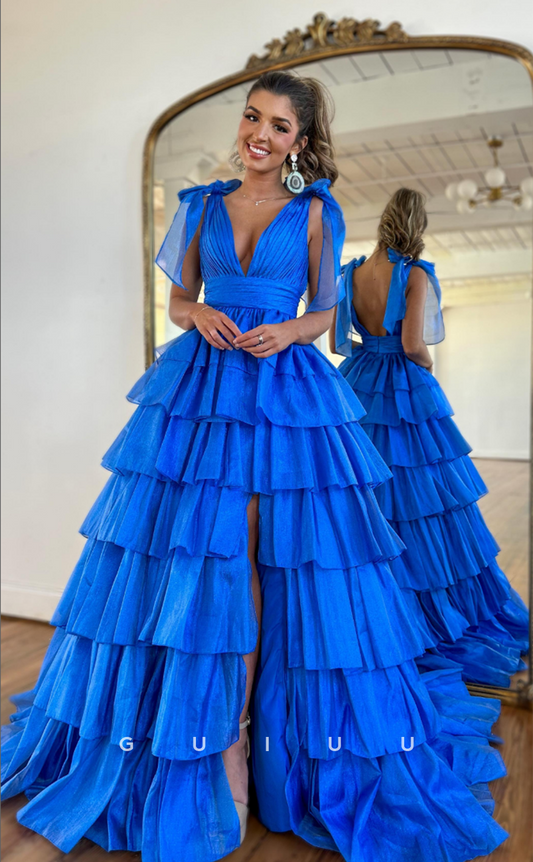 G4406 - Glamorous A-Line Blue V Neck Pleats Open Back Sleeveless Long Prom Formal Dress with Slit