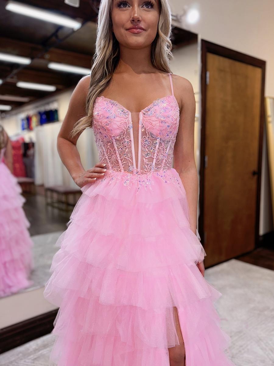 G4382 - A Line Illusion V Neck Appliques Tulle Tiered Pink Long Prom Party Dress with Slit