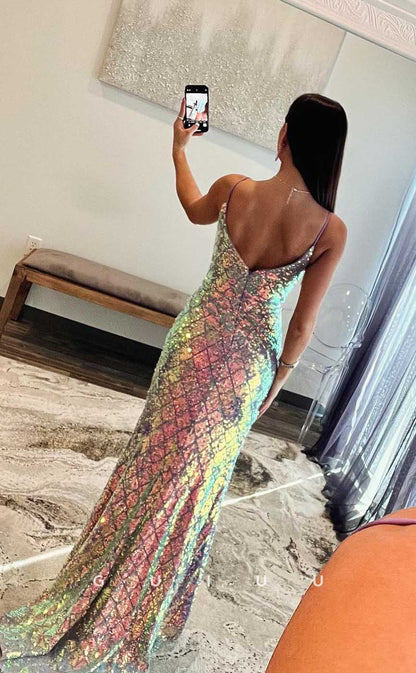 G4384 -  Charming Column V Neck Straps Open Back Long Prom Evening  Dress with Slit