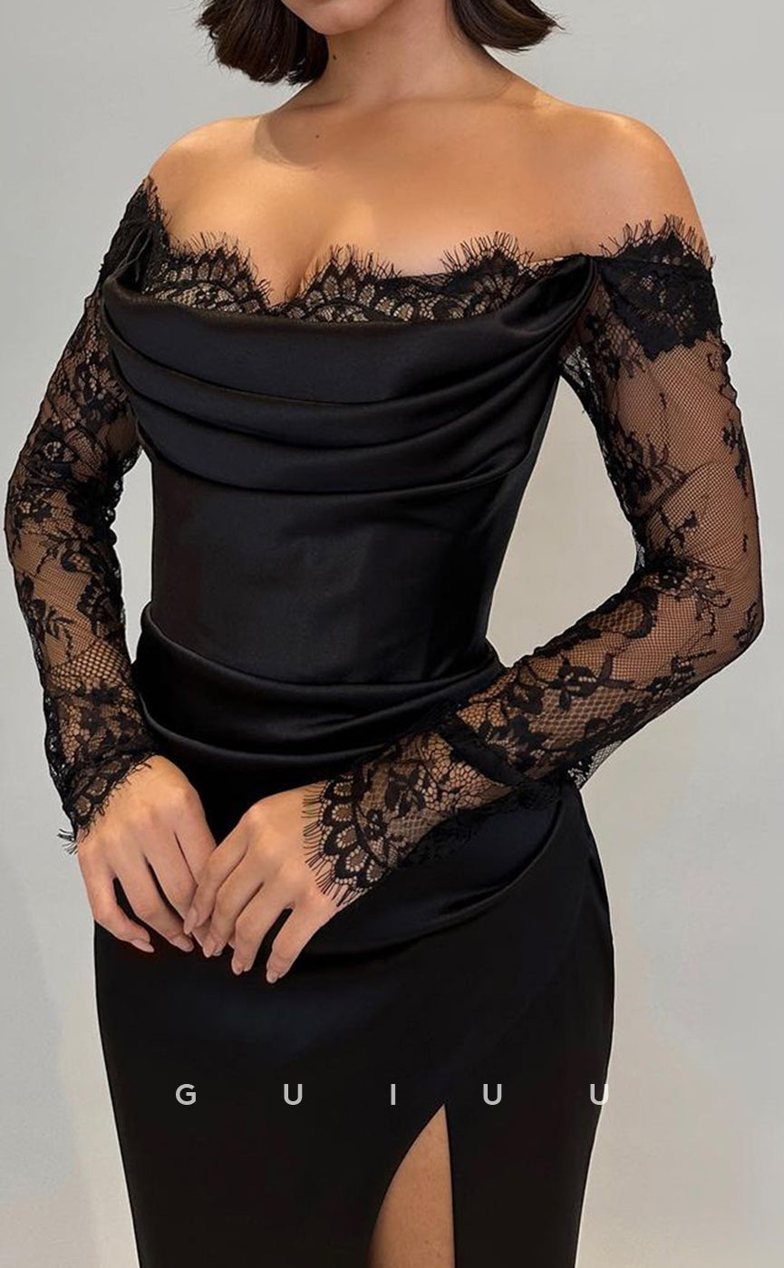 G3340 - Classic & Timeless Off-Shoulder Sheath High Slit Long Sleeves with Lace Draped Evening Gown Dress