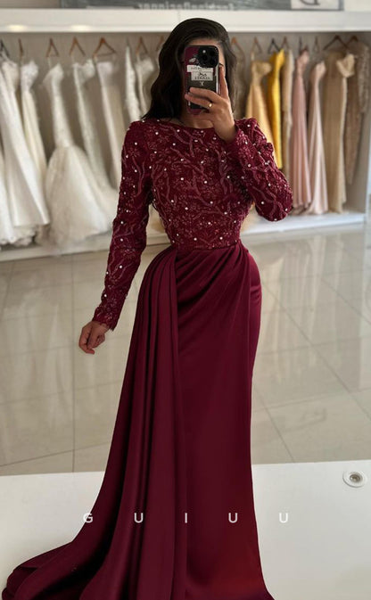 G3888 - Mermaid Scoop Long Sleeves Appliques Beaded Long Prom Evening Gown