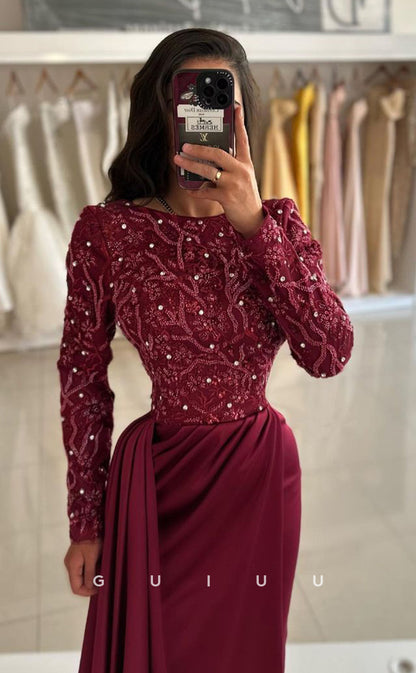 G3888 - Mermaid Scoop Long Sleeves Appliques Beaded Long Prom Evening Gown