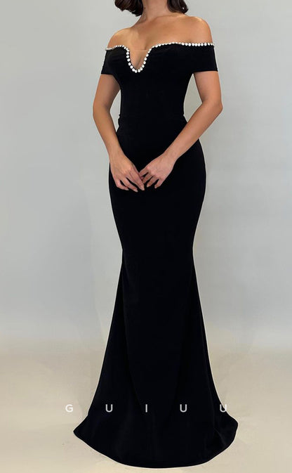 G3338 - Classic & Timeless Sheath & Trumpet Floor-Length Dress with Bead Off-Shoulder Evening Party Dress