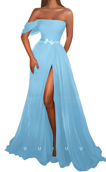 G3324 - Simple & Casual One Shoulder Ruched Long Prom Formal Dress with High Slit Empire Ball Gown Prom Dress