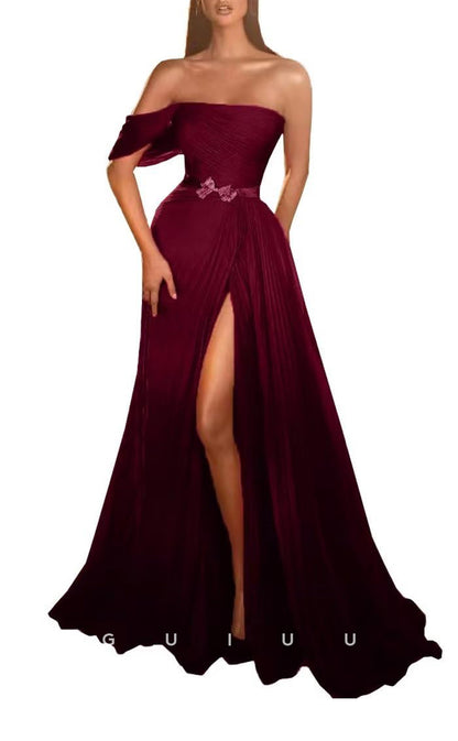 G3324 - Simple & Casual One Shoulder Ruched Long Prom Formal Dress with High Slit Empire Ball Gown Prom Dress