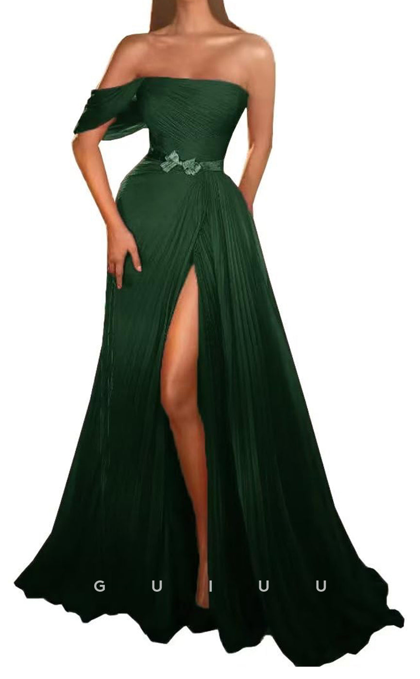 G3324 - Simple & Casual One Shoulder Ruched Long Prom Formal Dress with High Slit Empire Ball Gown Prom Dress