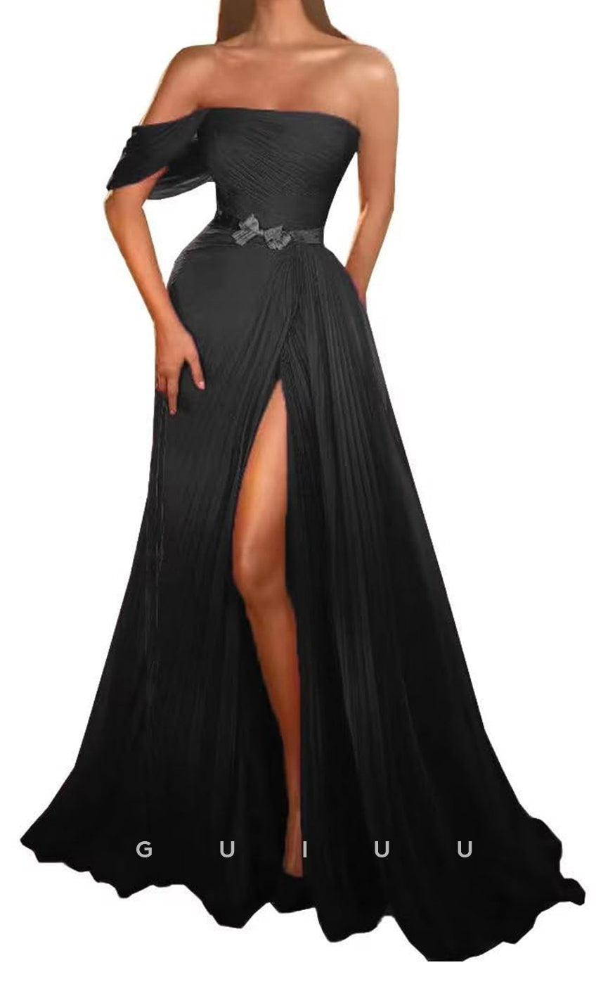 G3324 - Simple & Casual One Shoulder Ruched Long Prom Formal Dress with High Slit Empire Ball Gown Prom Dress