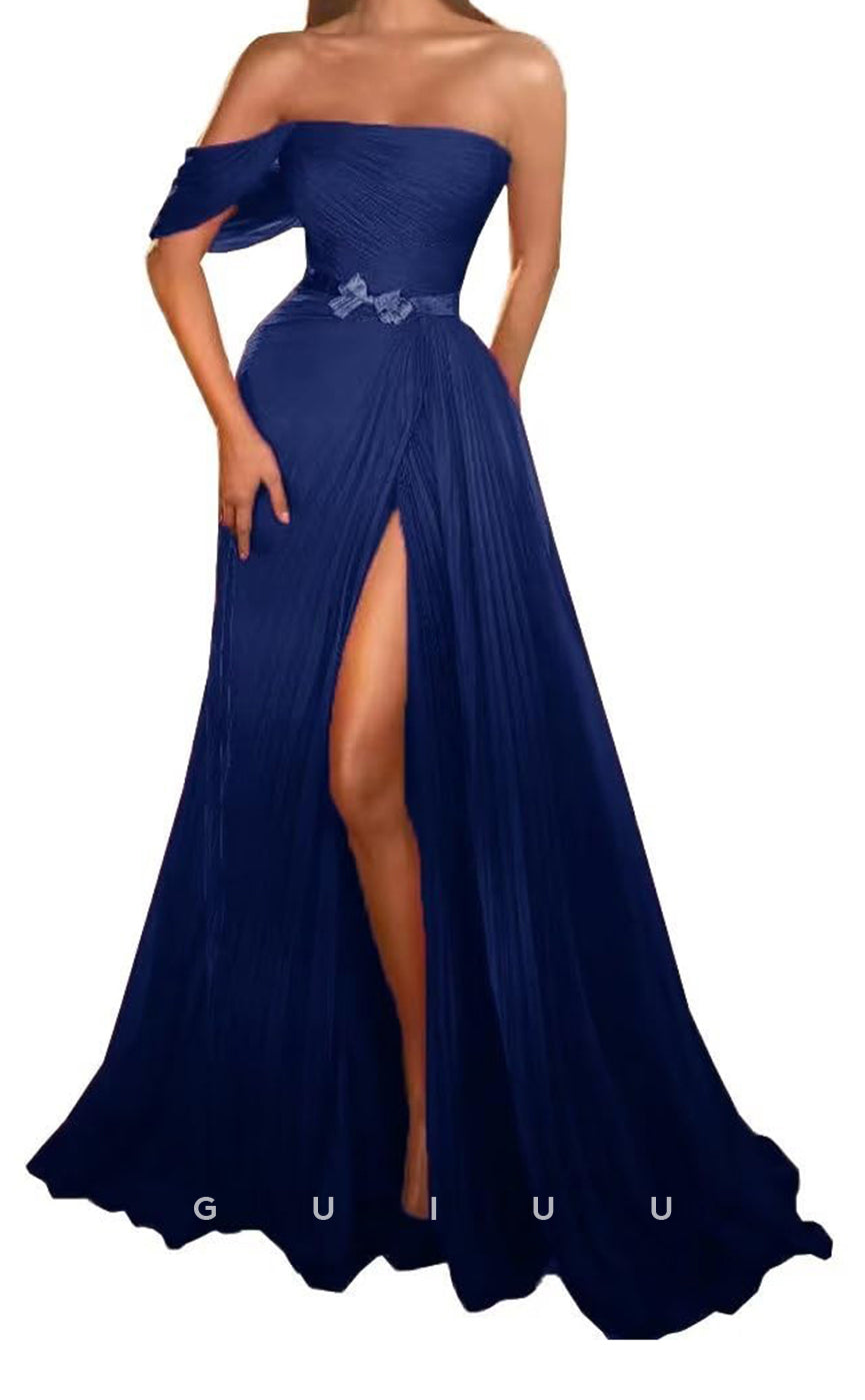 G3324 - Simple & Casual One Shoulder Ruched Long Prom Formal Dress with High Slit Empire Ball Gown Prom Dress