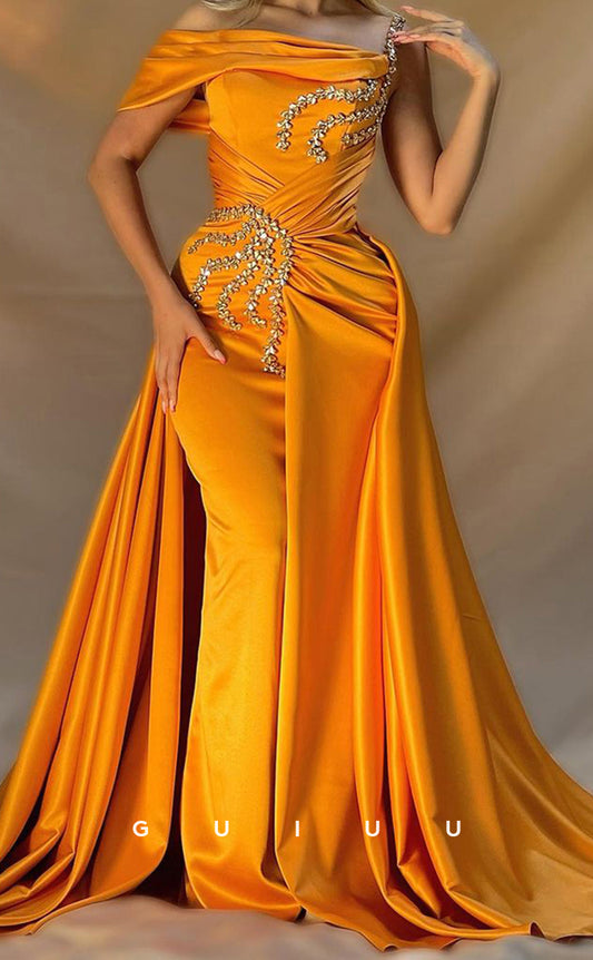 G3329 - Ornate Column Sweep &Asymmetrical Train Satin Strapless Beaded Ruched Evening Party Dress