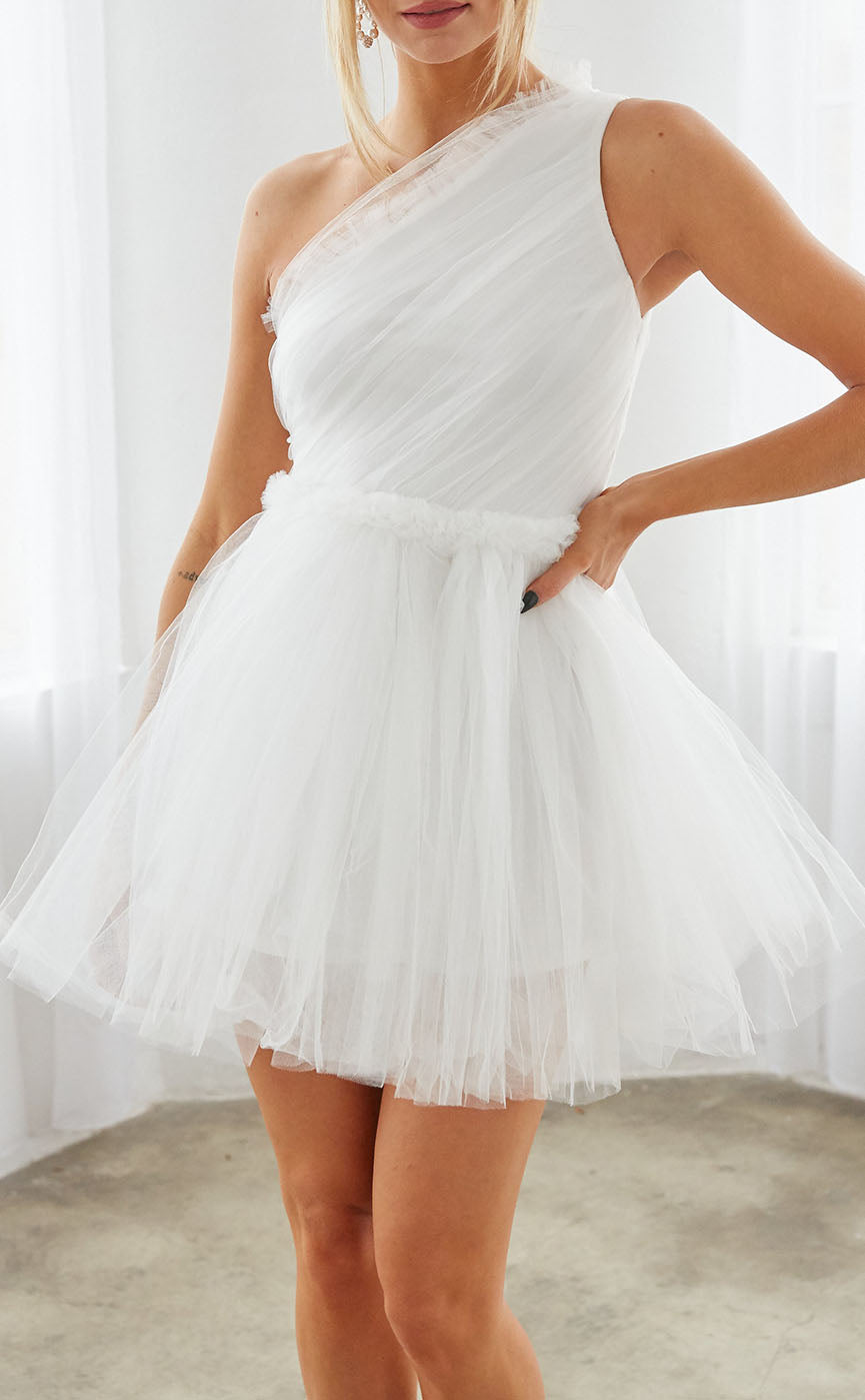 GH485 - A line One Shoulder Tulle Pleats Simple Homecoming Dress Short Graduation Dress