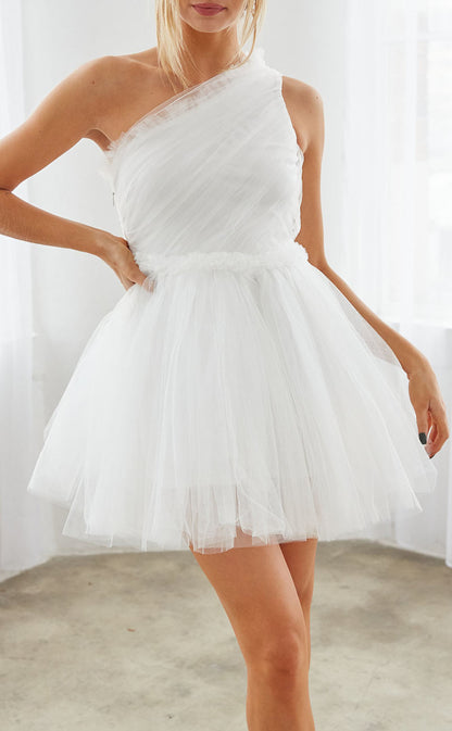 GH485 - A line One Shoulder Tulle Pleats Simple Homecoming Dress Short Graduation Dress