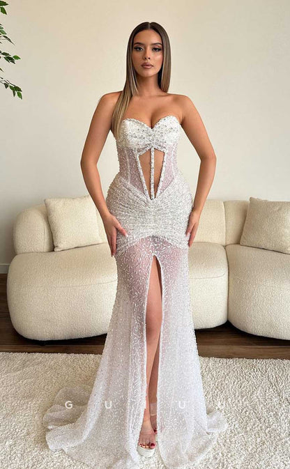 G4415 - Sexy & Hot Column Mermaid Strapless Crystal Sleeveless Prom Party Dress with Slit