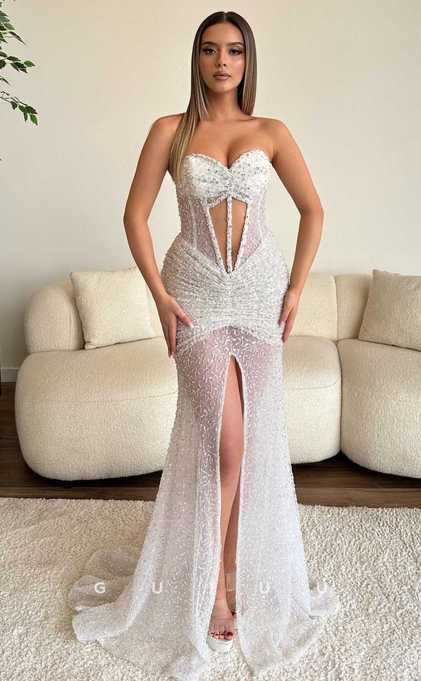 G4415 - Sexy & Hot Column Mermaid Strapless Crystal Sleeveless Prom Party Dress with Slit