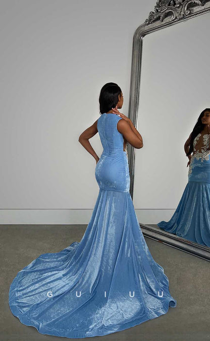 G4422 -Mermaid Sleeveless Illsion Baby Blue Velvet Prom Evening Dress with Train for Black Girl Slay