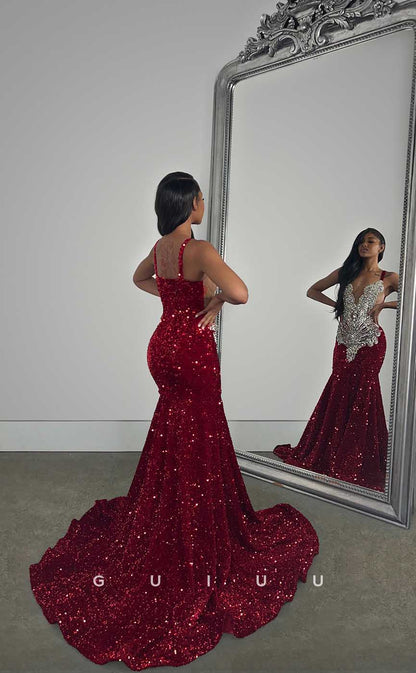 G4423 - Sexy & Hot Mermaid Spaghetti Straps Beaded  Prom Evening Dress with Train For Black Girl Slay