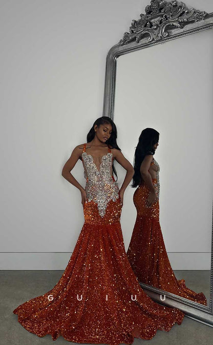 G4423 - Sexy & Hot Mermaid Spaghetti Straps Beaded  Prom Evening Dress with Train For Black Girl Slay