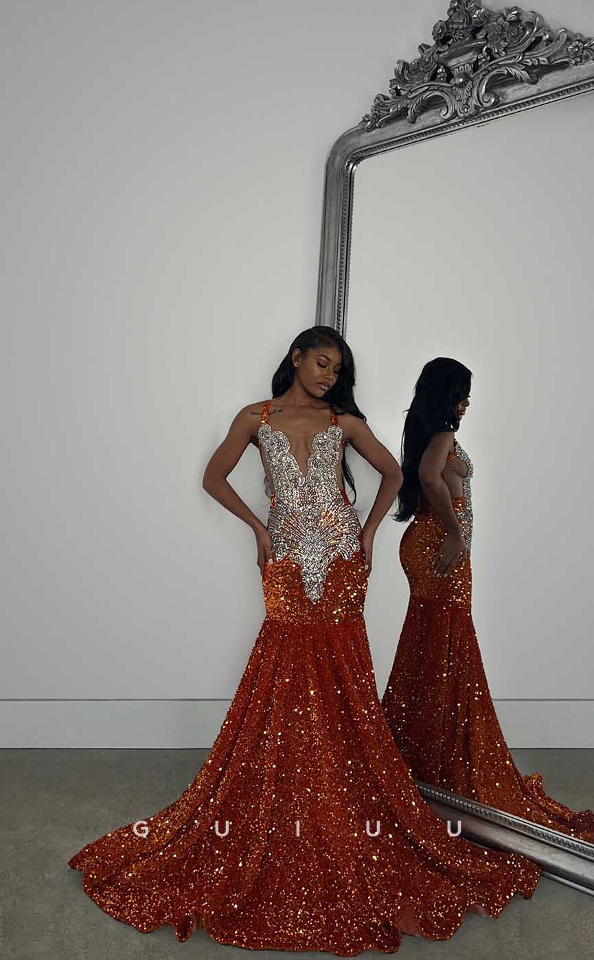 G4423 - Sexy & Hot Mermaid Spaghetti Straps Beaded  Prom Evening Dress with Train For Black Girl Slay