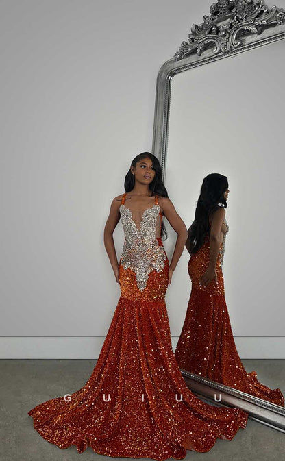 G4423 - Sexy & Hot Mermaid Spaghetti Straps Beaded  Prom Evening Dress with Train For Black Girl Slay