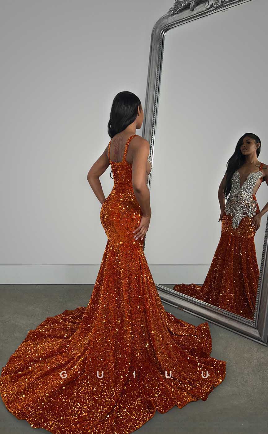 G4423 - Sexy & Hot Mermaid Spaghetti Straps Beaded  Prom Evening Dress with Train For Black Girl Slay