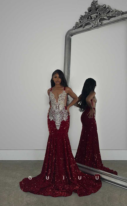 G4423 - Sexy & Hot Mermaid Spaghetti Straps Beaded  Prom Evening Dress with Train For Black Girl Slay