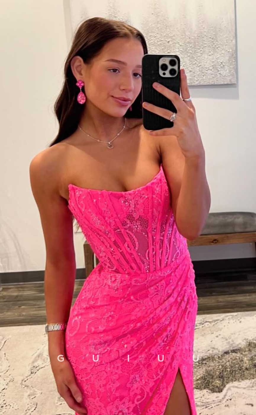 G4412 - Sexy & Hot Pink Column Pleats Sleeveless Prom Party Desss with Slit