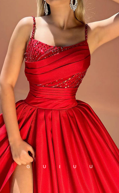 G3327 - Chic & Modern A-line Spaghetti Straps Floor-length Dress with High Slit Ruched Evening Prom Party