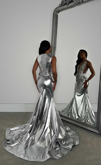 G4421 - Unique Mermaid V Neck Straps Crystal Sleeveless Prom Party Dress for Black Girl Slay