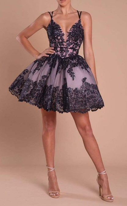 GH491 - A line Illusion V neck Appliques Short Homecoming Dress