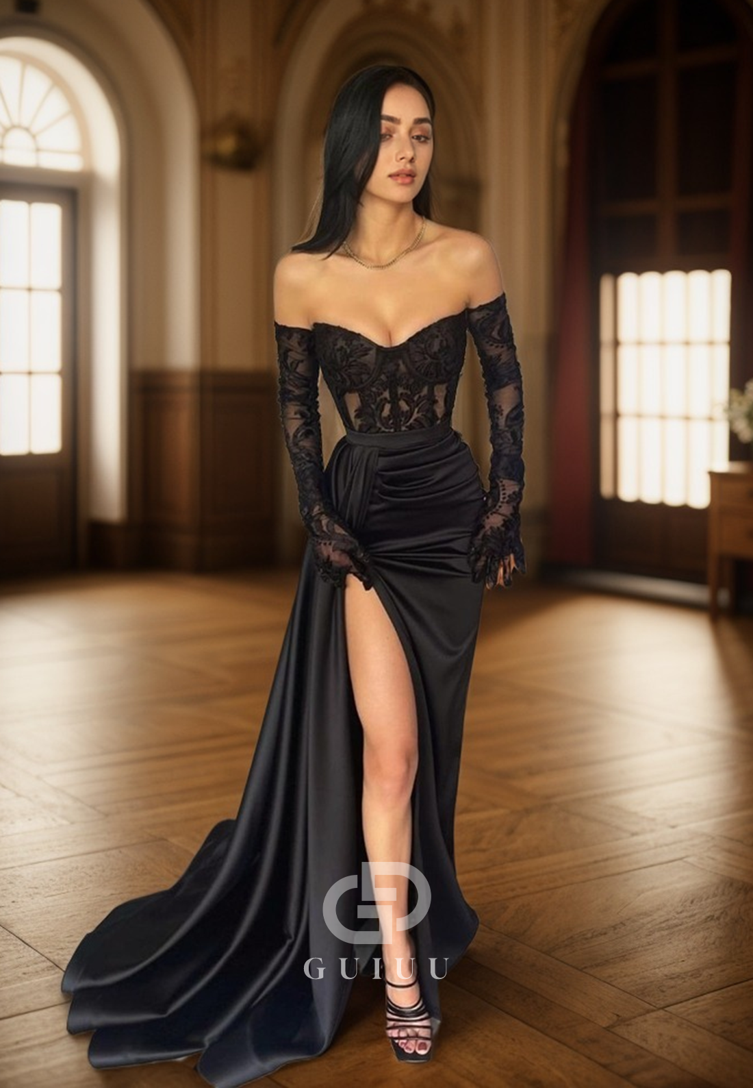 G2386 - Sexy Off-Shoulder Sheer Pleats Prom Evening Dress With Slit