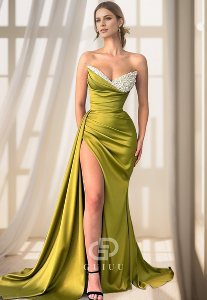 G2392 - Sexy/Hot Strapless V-Neck Satin Pleats Evening Prom Dress