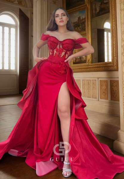 G2496 - Classic A-Line Red Off-Shoulder Sheer Long Evening Prom Dress