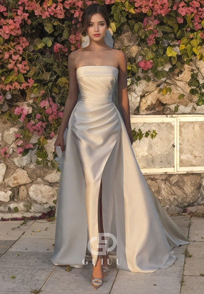 Sheath Strapless Sleeveless Pleated Satin Wedding Dress with High Side Slit and Train (without Veil)