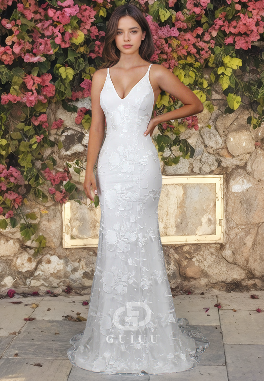 Mermaid V Neck Straps Sleeveless Open Back Fully Lace Wedding Dress with Train