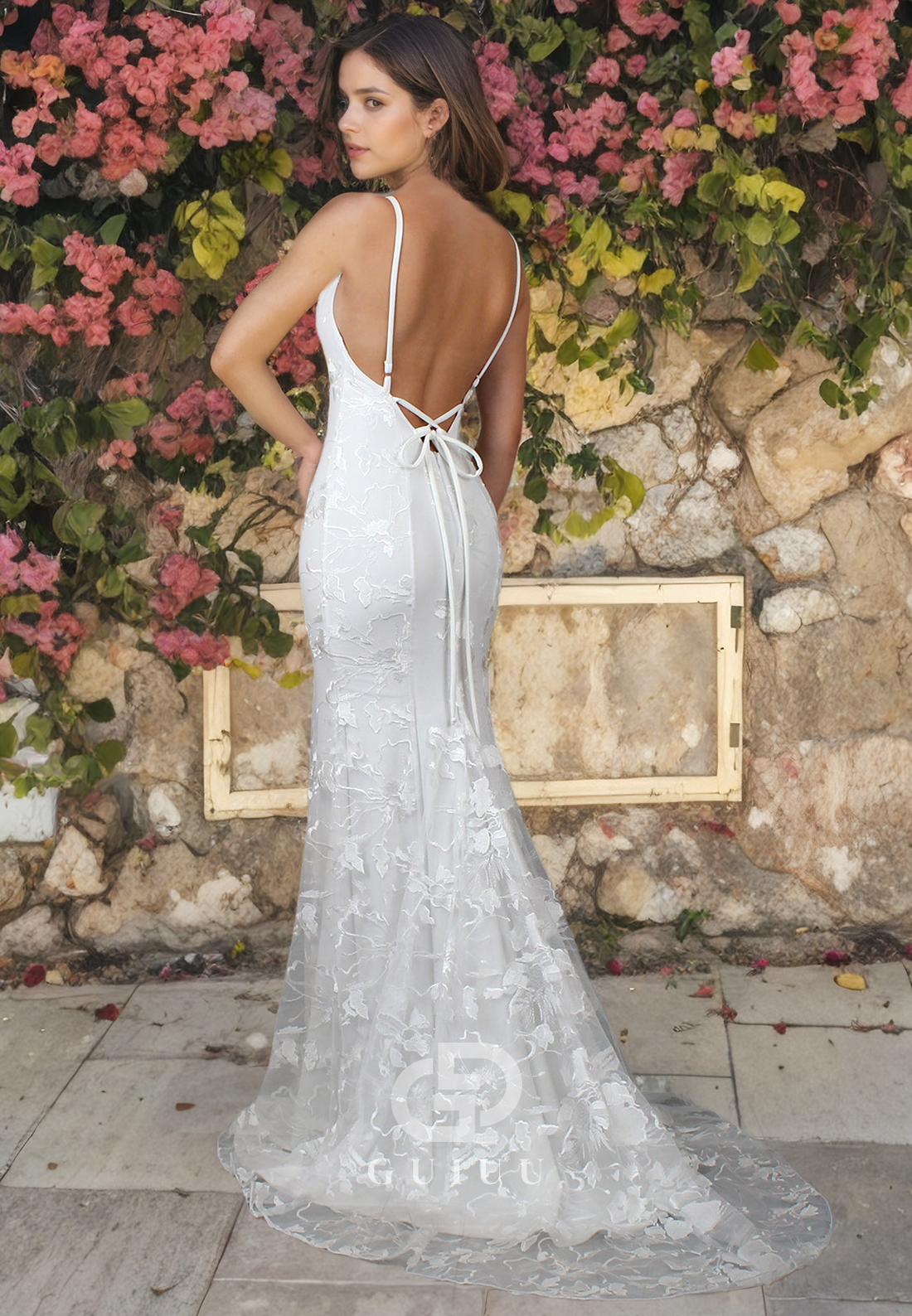 Mermaid V Neck Straps Sleeveless Open Back Fully Lace Wedding Dress with Train