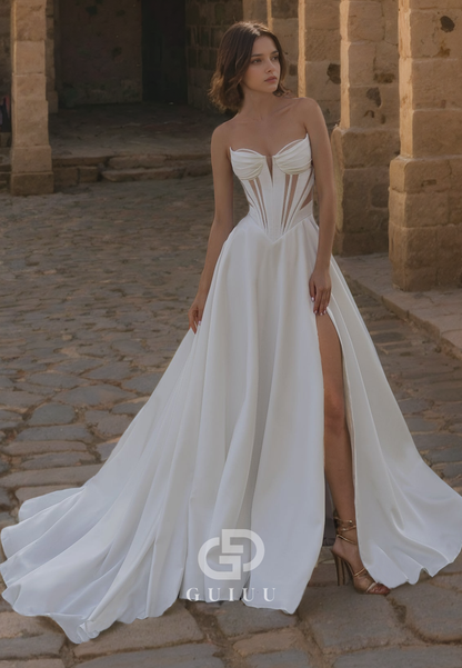 A-Line Strapless Sleeveless Pleated Back Zipper Illsion Satin Wedding Dress with High Side Slit and Train